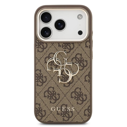 Guess PU Leather 4G Metal Logo Gold Frame tok iPhone 17 Pro Max (Barna)