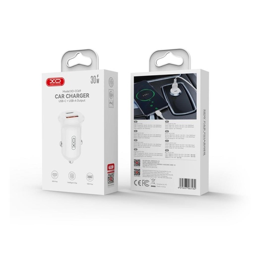 XO CC69 Mini Smart autós töltő + Type-C kábel (Fehér) - 30W, A+C, NB103 szett