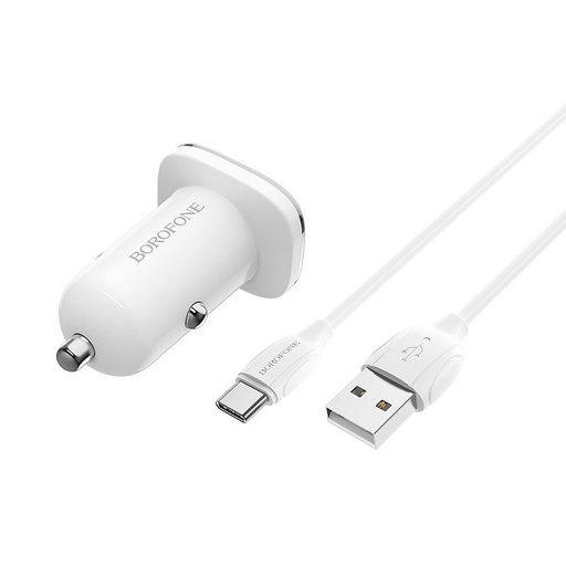 Borofone BZ12 autós töltő (2 USB, type-C kábel), 5V 2,4A, fehér