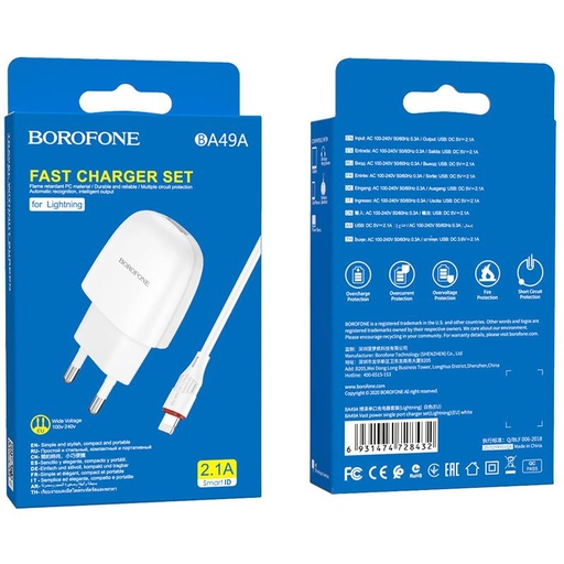 Borofone BA49A hálózati töltő (lightning kábel), 5V 2,1A, fehér