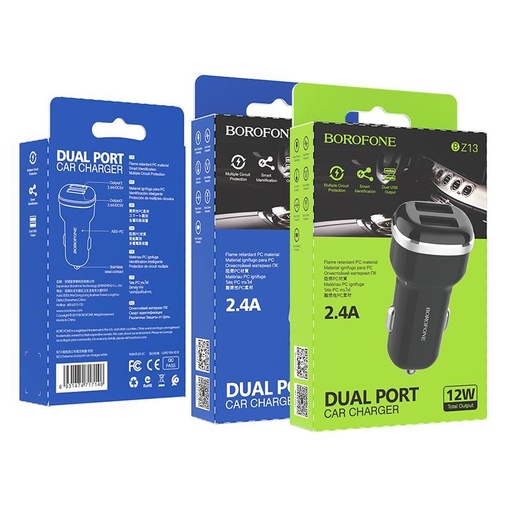 Borofone BZ13 autós töltő (2xUSB port), 5V 2,4A, fekete