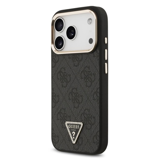Guess PU Leather 4G Strass Triangle Logo Gold Frame MagSafe tok iPhone 17 Pro (Fekete) - GUHMP17LP4GTDGMK