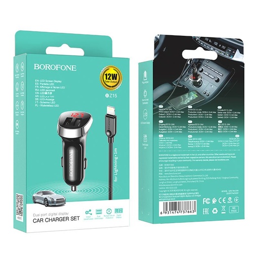 Borofone BZ15 autós töltő (2 USB port, lightning kábel), LED állapotjelző, 5V 2,4A, fekete