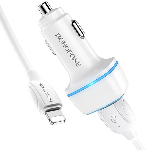 Borofone BZ14 autós töltő (2 USB port, lightning kábel), 5V 2,4A, fehér