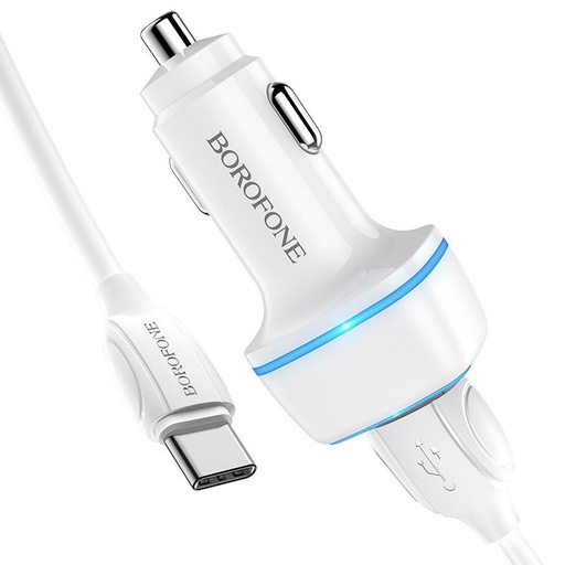 Borofone BZ14 autós töltő (2 USB, type-C kábel), 5V 2,4A, fehér