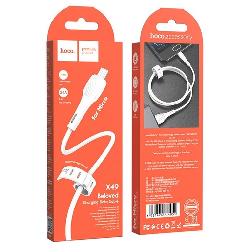 Hoco X49 microUSB kábel, 2.4A, 1M, fehér