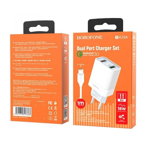 Borofone BA39A hálózati gyorstöltő (QC + PD csatlakozó), PD lightning kábel, QC 3.0, 18W, fehér