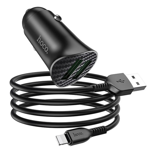 Hoco Z39 autós gyorstöltő (2USB port, lightning kábel), 1m kábelhossz, USB 3.0 max. 18W, fekete