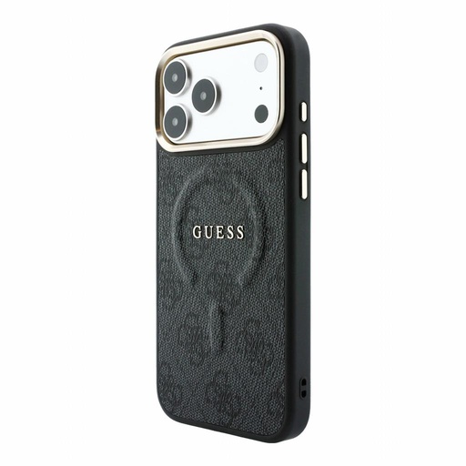 Apple iPhone 18 Pro Guess Leather 4G Gold Frame Embossed MagSafe bőr védőtok (Fekete) (GUHMP18LP4MSEGCK)