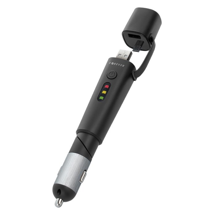 Forever L-style autós töltő, 2600 mAh power bank, fekete