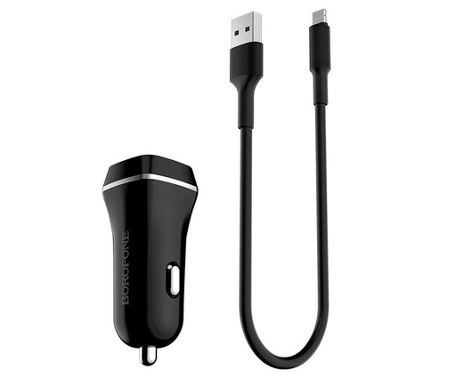 Borofone BZ2 autós töltő (2 USB port, lightning kábel), 5V 2,4A, fekete