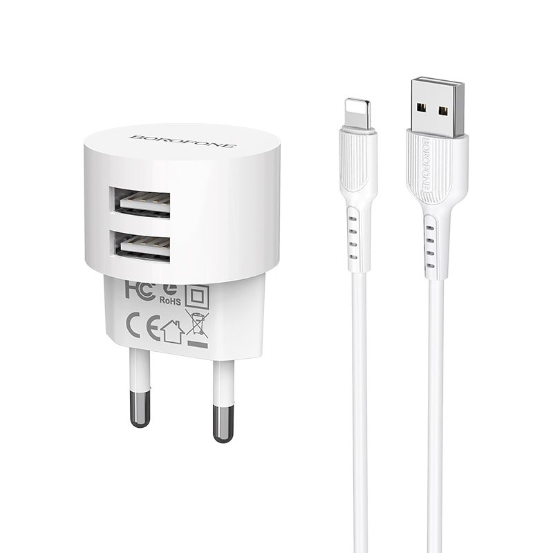 Borofone BA23A hálózati töltő (2 USB port), lightning kábel, 5V 2,4A, fehér
