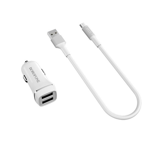Borofone BZ2 autós töltő (2 USB port, microUSB kábel), 5V 2,4A, fehér
