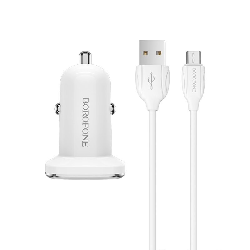 Borofone BZ12 autós töltő (2 USB port, microUSB kábel), 5V 2,4A, fehér