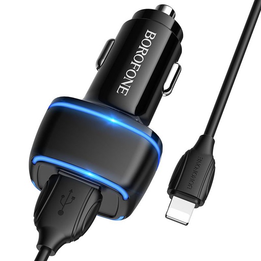 Borofone BZ14 autós töltő (2 USB port, lightning kábel), 5V 2,4A, fekete