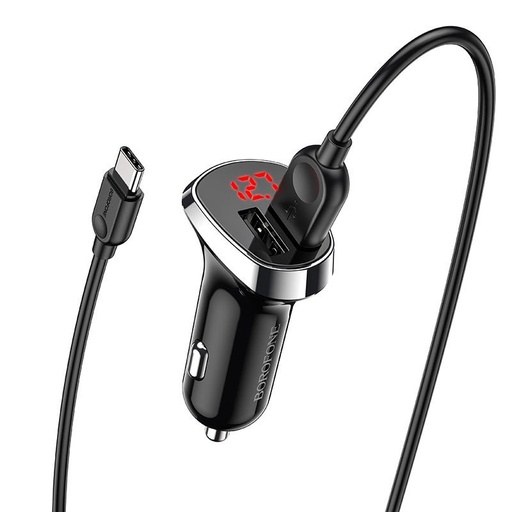 Borofone BZ15 autós töltő (2 USB, type-C kábel), LED állapotjelző, 5V 2,4A, fekete