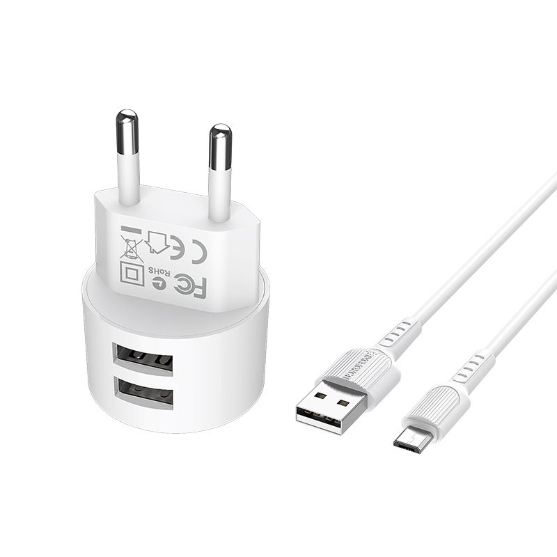 Borofone BA23A hálózati töltő (2 USB port, microUSB kábel), 5V 2,4A, fehér