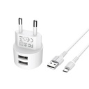 Borofone BA23A hálózati töltő (2 USB port, microUSB kábel), 5V 2,4A, fehér