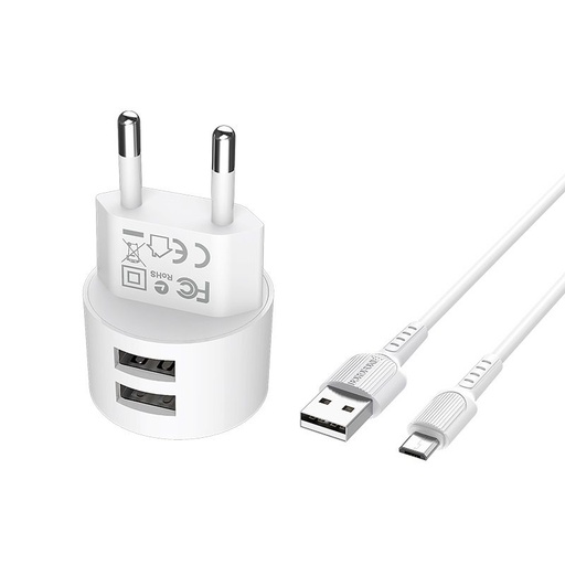 Borofone BA23A hálózati töltő (2 USB port, microUSB kábel), 5V 2,4A, fehér