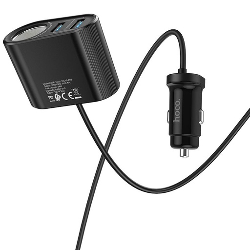 Hoco Z35A autós töltő (2 USB port, szivargyújtó csatlakozó), max. 24W, hosszabbítóval, fekete