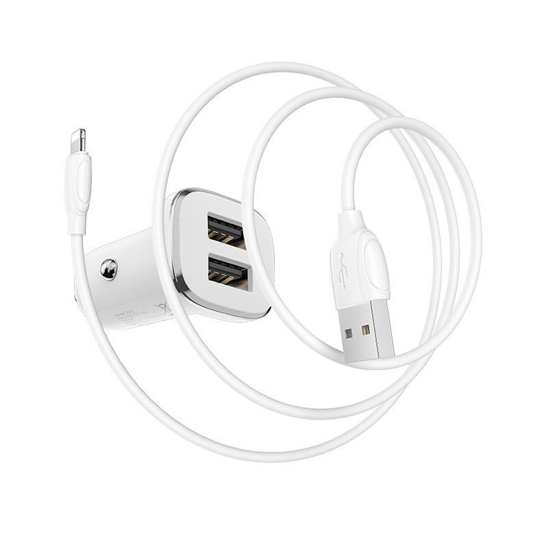 Borofone BZ12 autós töltő (2 USB port, lightning kábel), 5V 2,4A, fehér