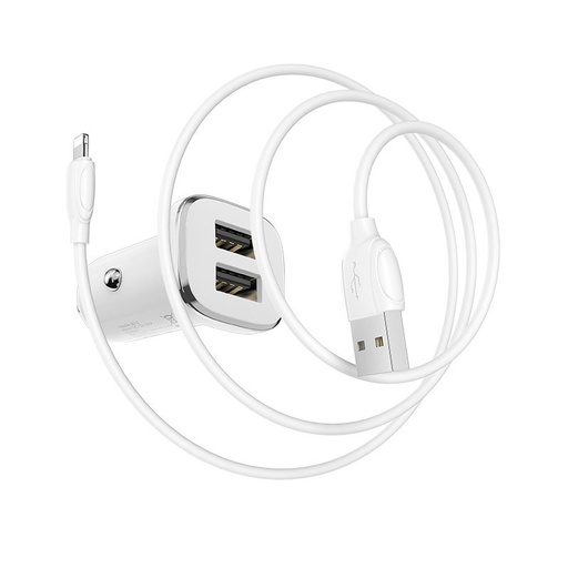 Borofone BZ12 autós töltő (2 USB port, lightning kábel), 5V 2,4A, fehér
