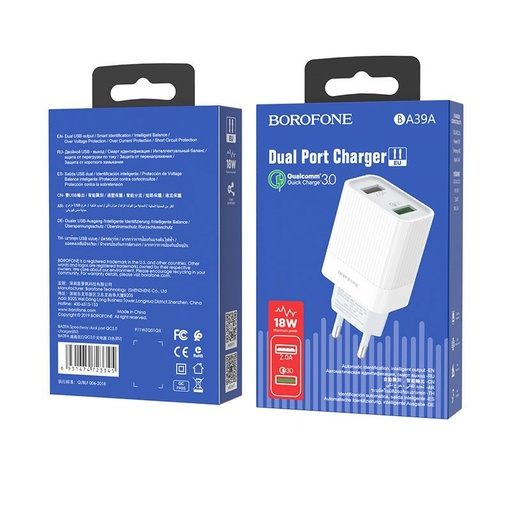 Borofone BA39A hálózati gyorstöltő (2 USB port, microUSB kábel), QC 3.0, max. 18W, fehér