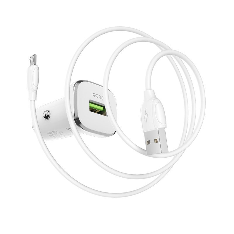 Borofone BZ12A autós gyorstöltő (microUSB kábel), QC 3.0,18W, fehér