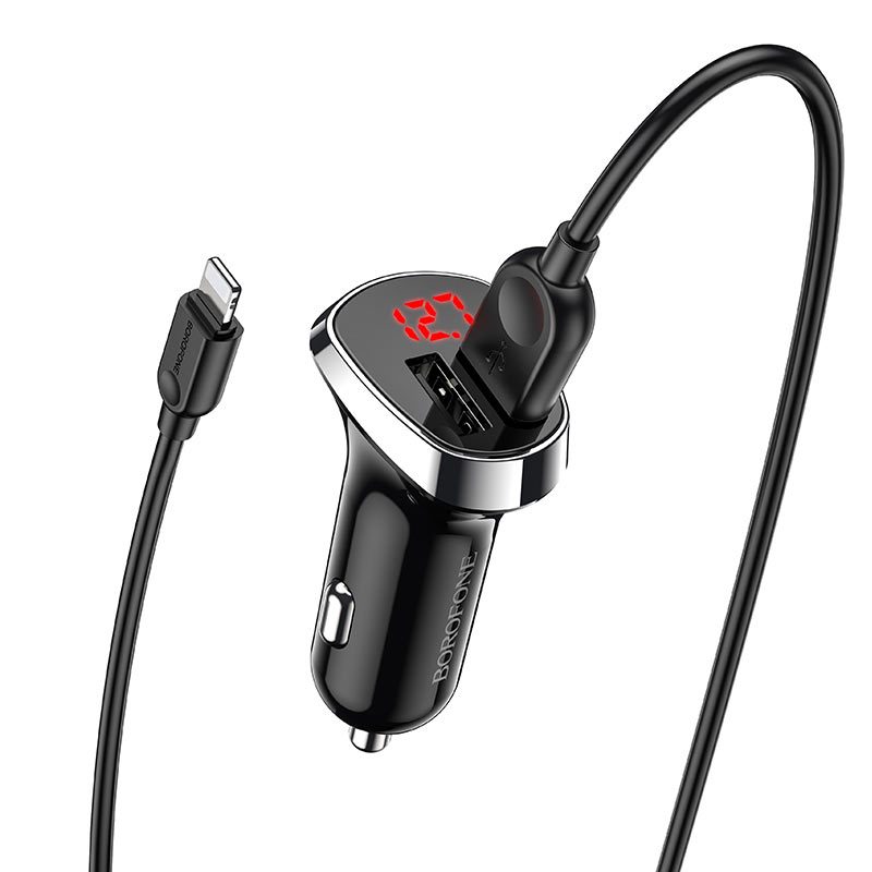 Borofone BZ15 autós töltő (2 USB port, lightning kábel), LED állapotjelző, 5V 2,4A, fekete