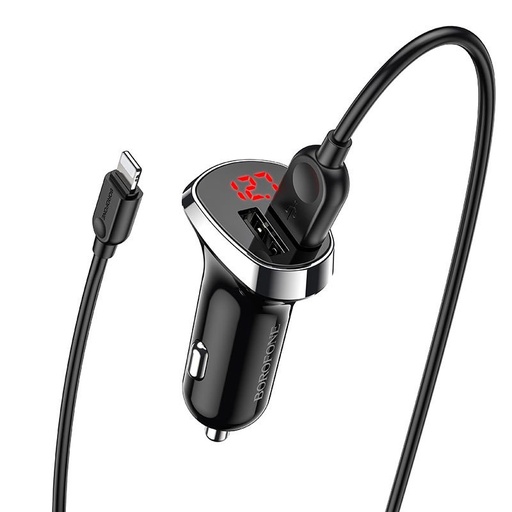 Borofone BZ15 autós töltő (2 USB port, lightning kábel), LED állapotjelző, 5V 2,4A, fekete