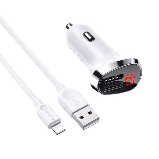 Borofone BZ15 autós töltő (2 USB port, lightning kábel), 5V 2.4A, LED állapotjelző, fehér