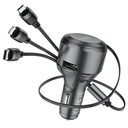 Hoco S27 autós töltő (type-C + lightning + microUSB kábel), 5V 4.8A, visszahúzódó kábel, szürke