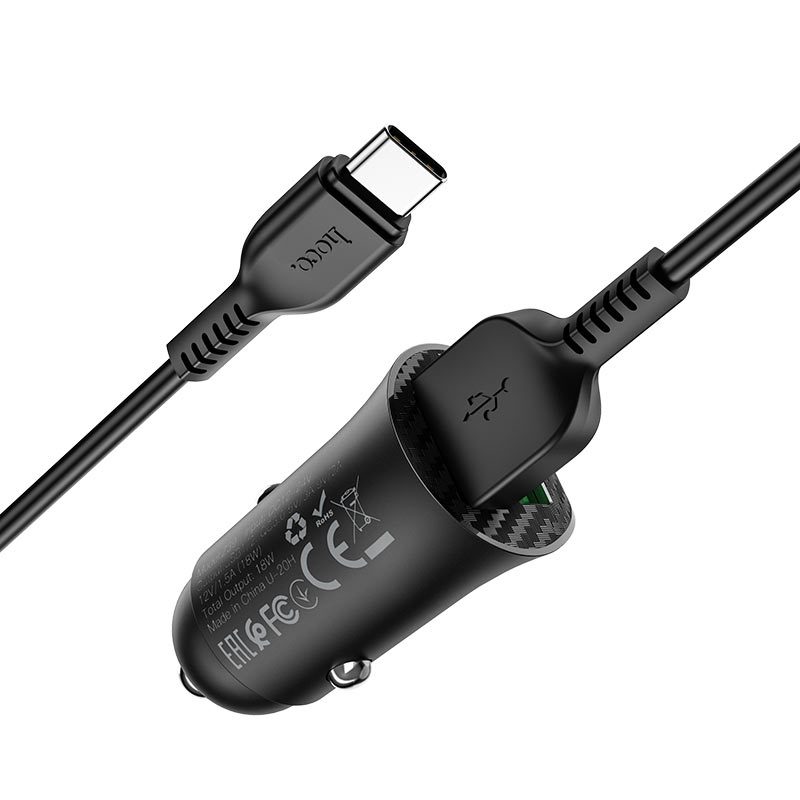 Hoco Z39 autós gyorstöltő (2 USB port, type-C kábel), QC 3.0, 18W, fekete