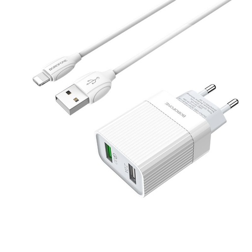 Borofone BA39A hálózati gyorstöltő (QC + PD csatlakozó), PD lightning kábel, QC 3.0, 18W, fehér