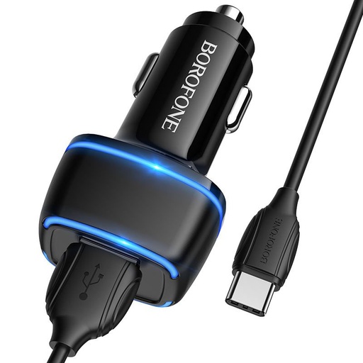 Borofone BZ14 autós töltő (2 USB, type-C kábel), 5V 2.4A, fekete