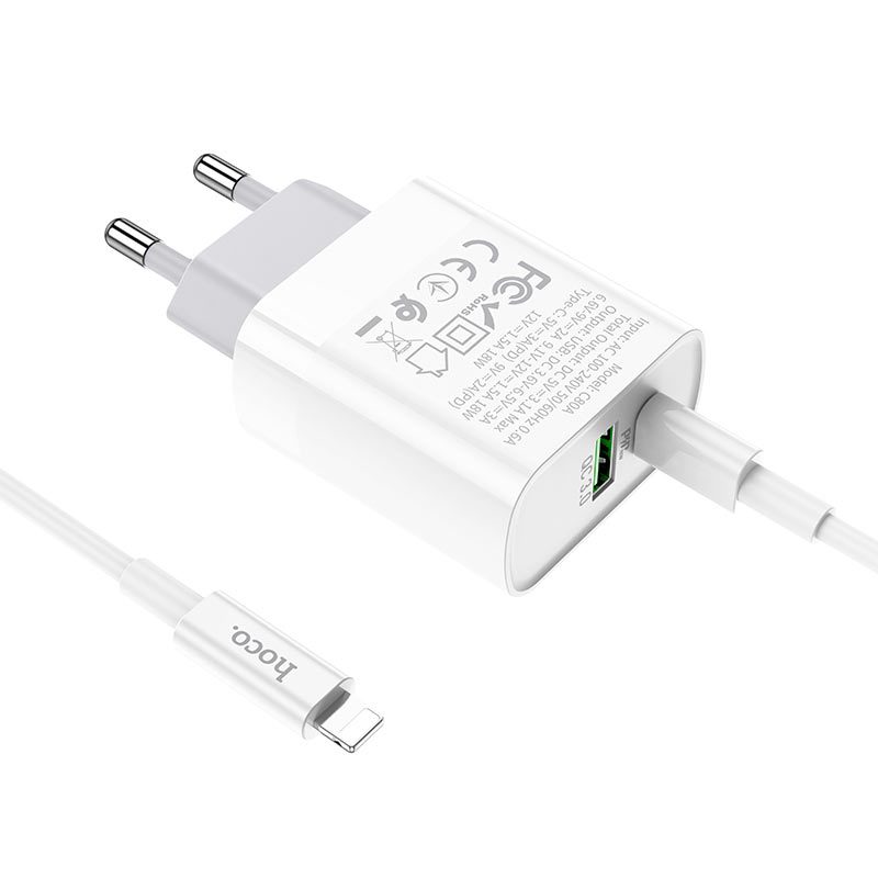 Hoco C80A hálózati gyorstöltő (QC + PD csatlakozó), PD lightning kábel, QC 3.0, 18W, fehér