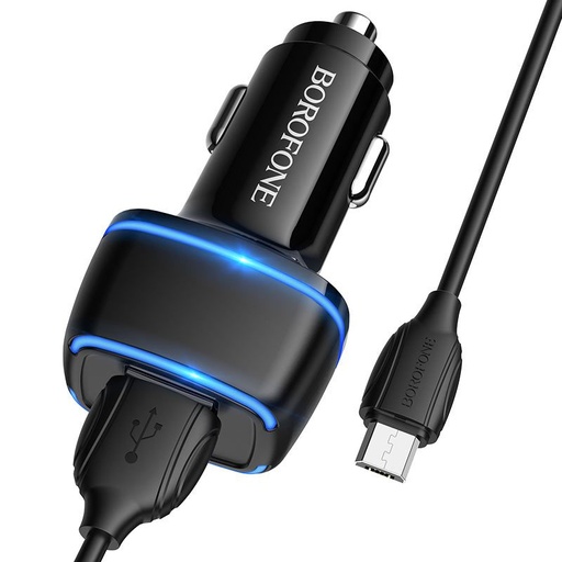 Borofone BZ14 autós töltő (2 USB port, microUSB kábel), 5V 2.4A, fekete