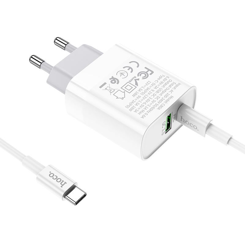 Hoco C80A hálózati gyorstöltő (QC + PD csatlakozó), PD type-C kábel, QC 3.0, 18W, fehér