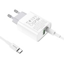 Hoco C80A hálózati gyorstöltő (QC + PD csatlakozó), PD type-C kábel, QC 3.0, 18W, fehér