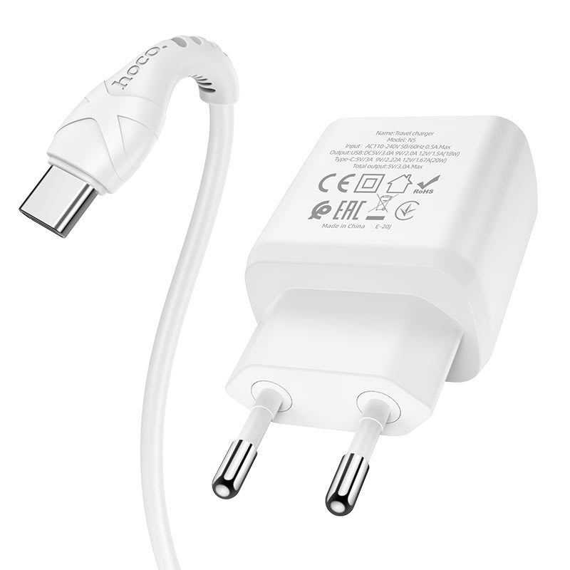 Hoco N5 hálózati gyorstöltő (QC + PD csatlakozó), PD type-C kábel, PD20W + QC3.0, fehér