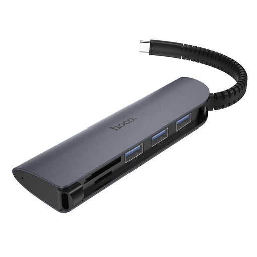 Hoco HB17 HUB, alumínium ötvözet, 3x USB 3.0 port, 5Gbps, SD / SDHC / SDXC, SD3.0 UHS-1, szürke