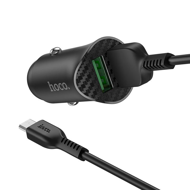 Hoco Z39 autós gyorstöltő (2 USB port, microUSB kábel), QC 3.0 max 18W, 1M kábelhossz, fekete