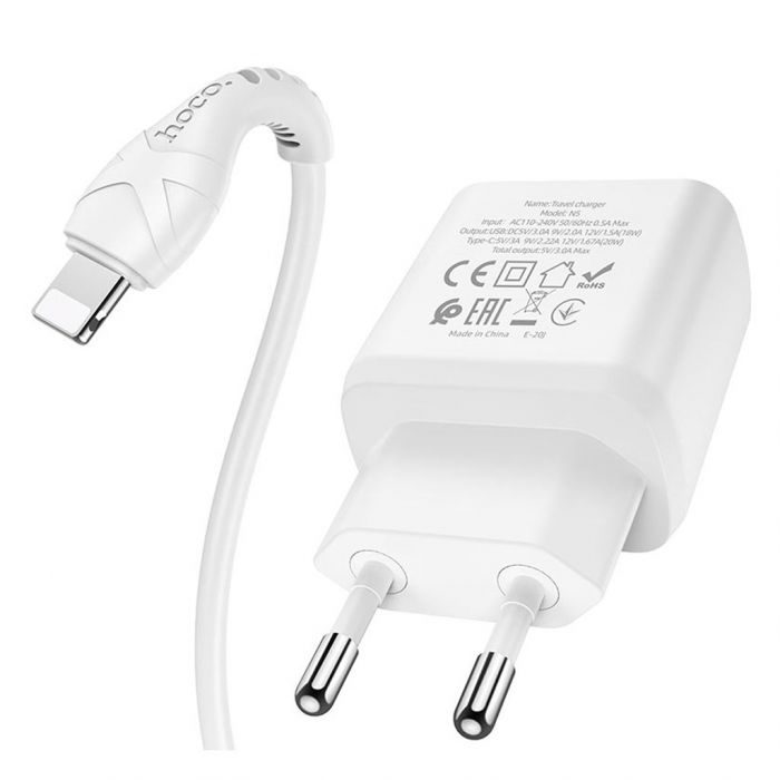 Hoco N5 hálózati gyorstöltő (QC + PD csatlakozó) PD lightning kábel, PD20W + QC3.0, fehér
