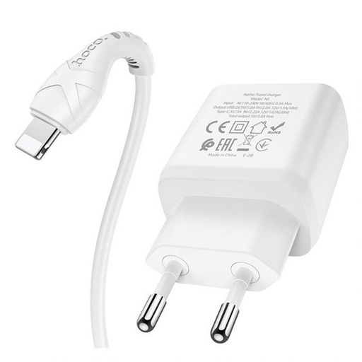 Hoco N5 hálózati gyorstöltő (QC + PD csatlakozó) PD lightning kábel, PD20W + QC3.0, fehér