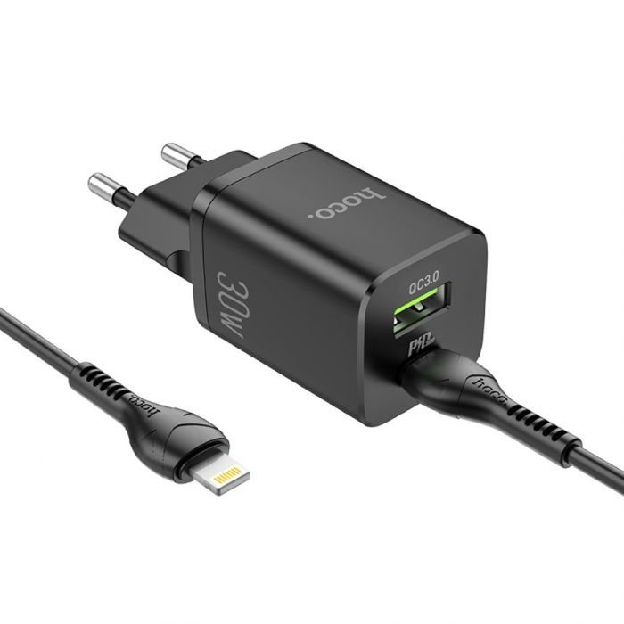 Hoco N13 hálózati gyorstöltő (QC + PD csatlakozó) PD lightning kábel, PD 30W + QC 3.0, fehér