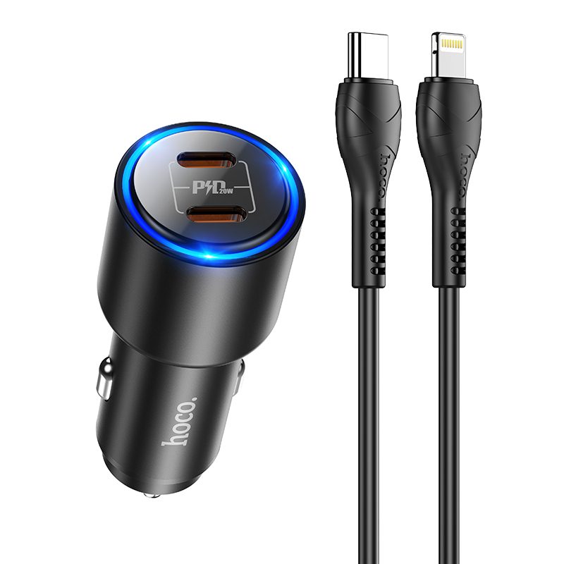 Hoco NZ3 PD 3.0 autós gyorstöltő ( 2 USB-C port, lightning kábel), PD 40W, fekete