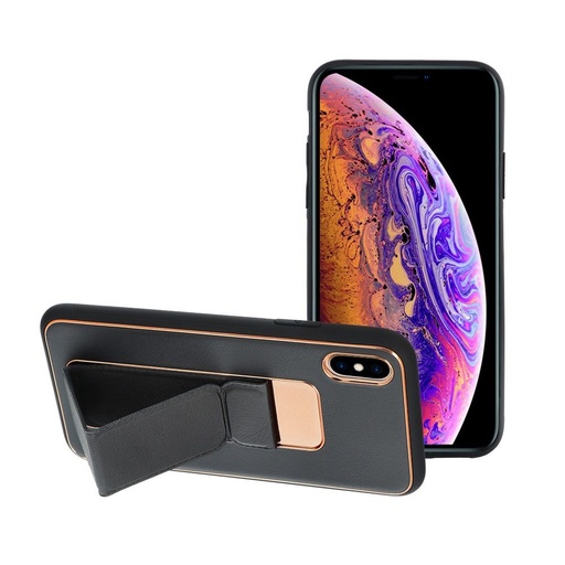 Apple iPhone X/XS bőr védőtok kihúzható állvánnyal, mágneses autós tartó kompatibilis , (Fekete)