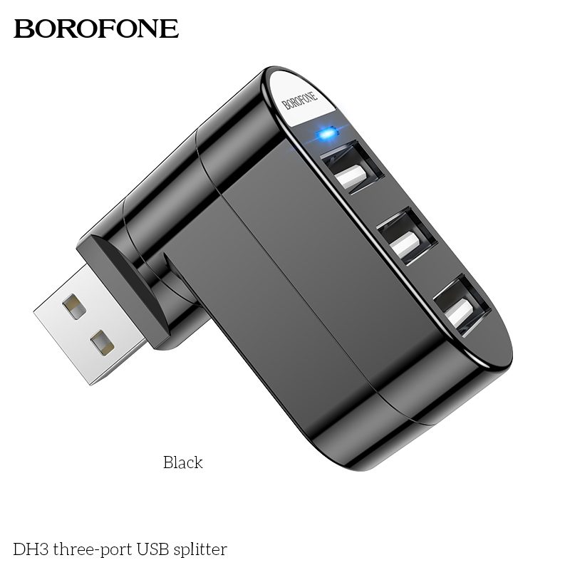 Borofone DH3 USB elosztó HUB adapter, USB csatlakozó és 3x USB aljzat, fekete