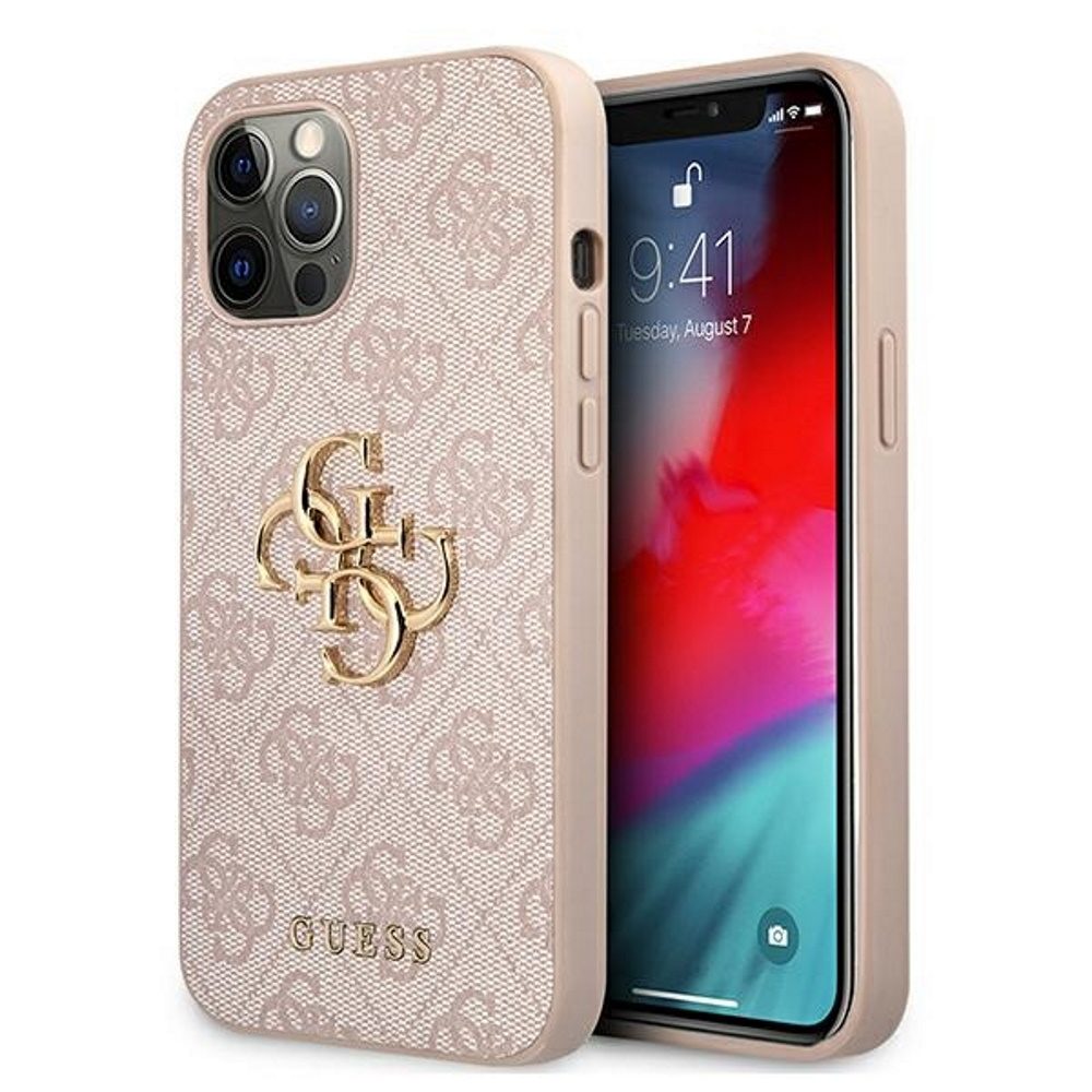 Apple iPhone 12 / iPhone 12 Pro GUESS PU 4G Metal Logo hátlap tok (Rózsaszín - GUHCP12M4GMGPI)