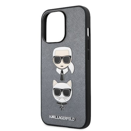 Apple iPhone 13 mini Karl Lagerfeld PU Saffiano Karl and Choupette Heads tok (Ezüst) – KLHCP13SSAKICKCSL